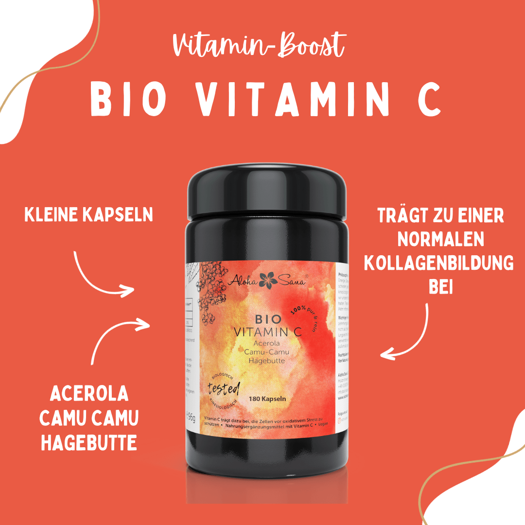 Bio Vitamin C Kapseln mit Acerola, Camu Camu & Hagebutte - Aloha Sana