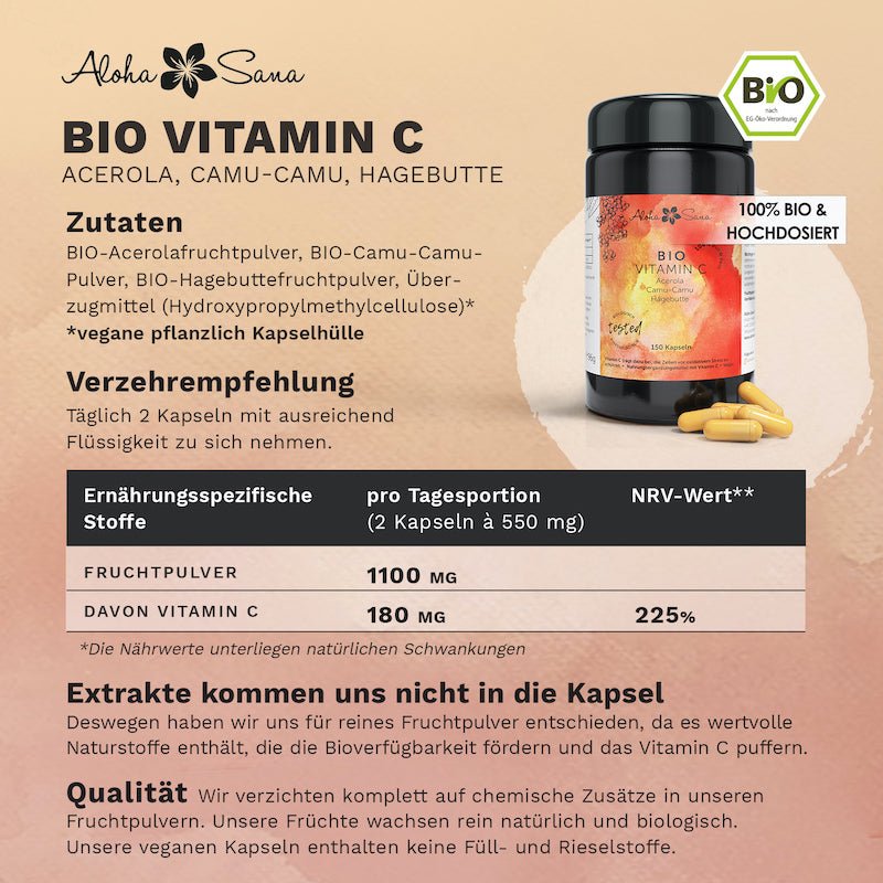 Bio Vitamin C Kapseln mit Acerola, Camu Camu & Hagebutte - Aloha Sana