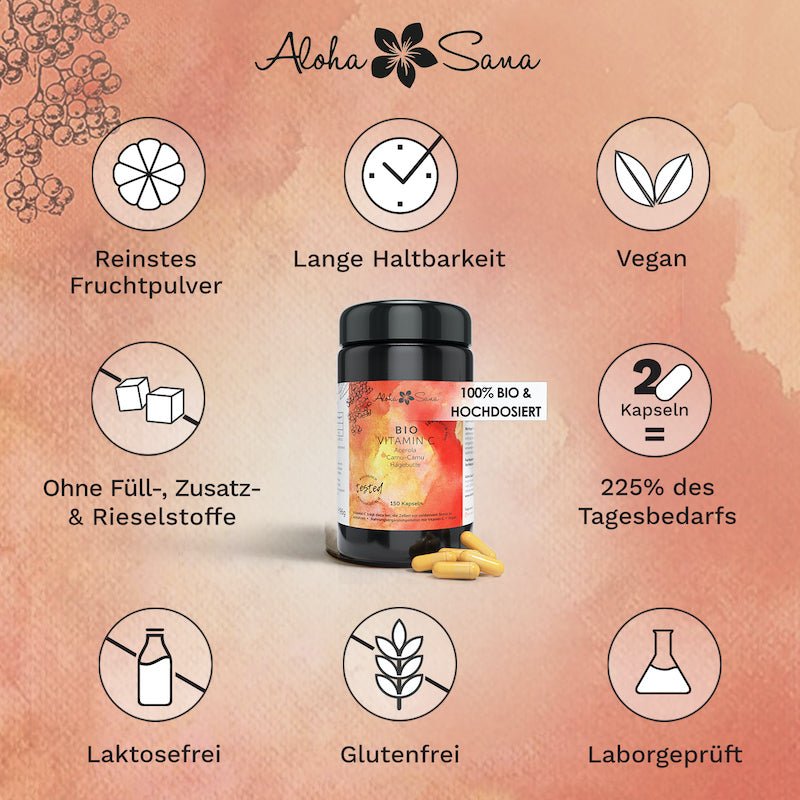 Bio Vitamin C Kapseln mit Acerola, Camu Camu & Hagebutte - Aloha Sana