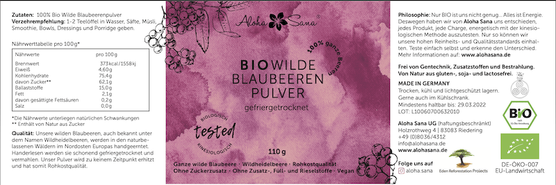 Bio Wilde Blaubeeren Pulver gefriergetrocknet 110g - Aloha Sana