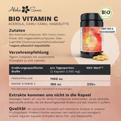 Bio Vitamin C Kapseln mit Acerola, Camu Camu &amp; Hagebutte - Aloha Sana