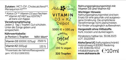 Vitamin D3 + K2, vegan, 5000 i.e D3 + 100 ug K2 - Aloha Sana